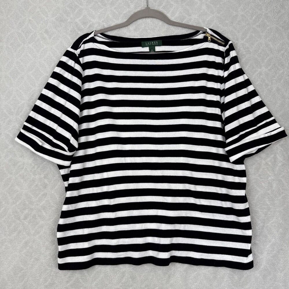 Ralph Lauren Jewel Neck Top Womens 2X Black White Stripe Zipper Nautical Preppy